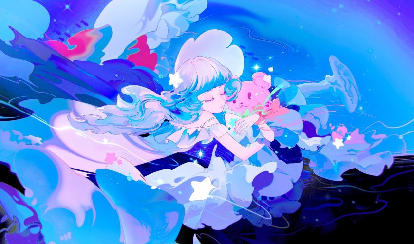1girl, abstract, bare_shoulders, blue_hair, blue_theme, blunt_bangs, cirrika, closed_eyes, clothing_cutout, dress, frilled_dress, frills, from_behind, highres, holding, holding_stuffed_toy, light_blue_hair, lips, long_eyelashes, long_hair, lying, nightgown, off-shoulder_dress, off_shoulder, on_stomach, original, shoulder_cutout, sky, sleeping, solo, spaghetti_strap, star_(sky), star_(symbol), starry_sky, stuffed_toy, turning_head, wavy_hair