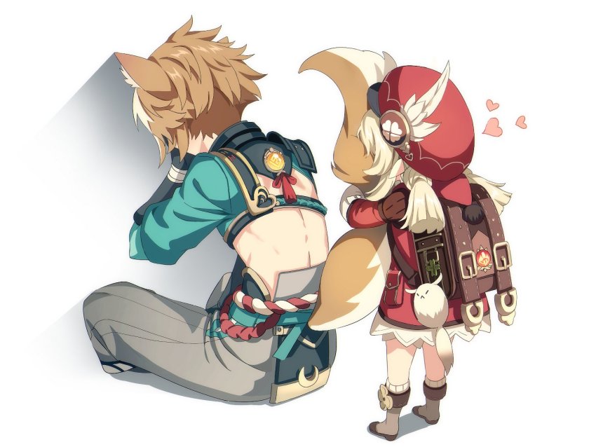 1boy, 1girl, animal_ear_fluff, animal_ears, armor, back, backpack, bag, bag_charm, bob_(bab67ii), boots, brown_bag, brown_footwear, brown_gloves, brown_hair, newsboy_cap, charm_(object), clover_print, coat, covering_face, crop_top, dog_boy, dog_ears, dog_tail, dress, from_behind, genshin_impact, gloves, gorou_(genshin_impact), hat, hat_feather, heart, hugging_another's_tail, hugging_tail, japanese_armor, klee_(genshin_impact), light_brown_hair, low_twintails, medium_hair, multicolored_hair, pointy_ears, randoseru, red_coat, red_dress, red_headwear, simple_background, streaked_hair, tail, twintails, vision_(genshin_impact), white_background, white_hair