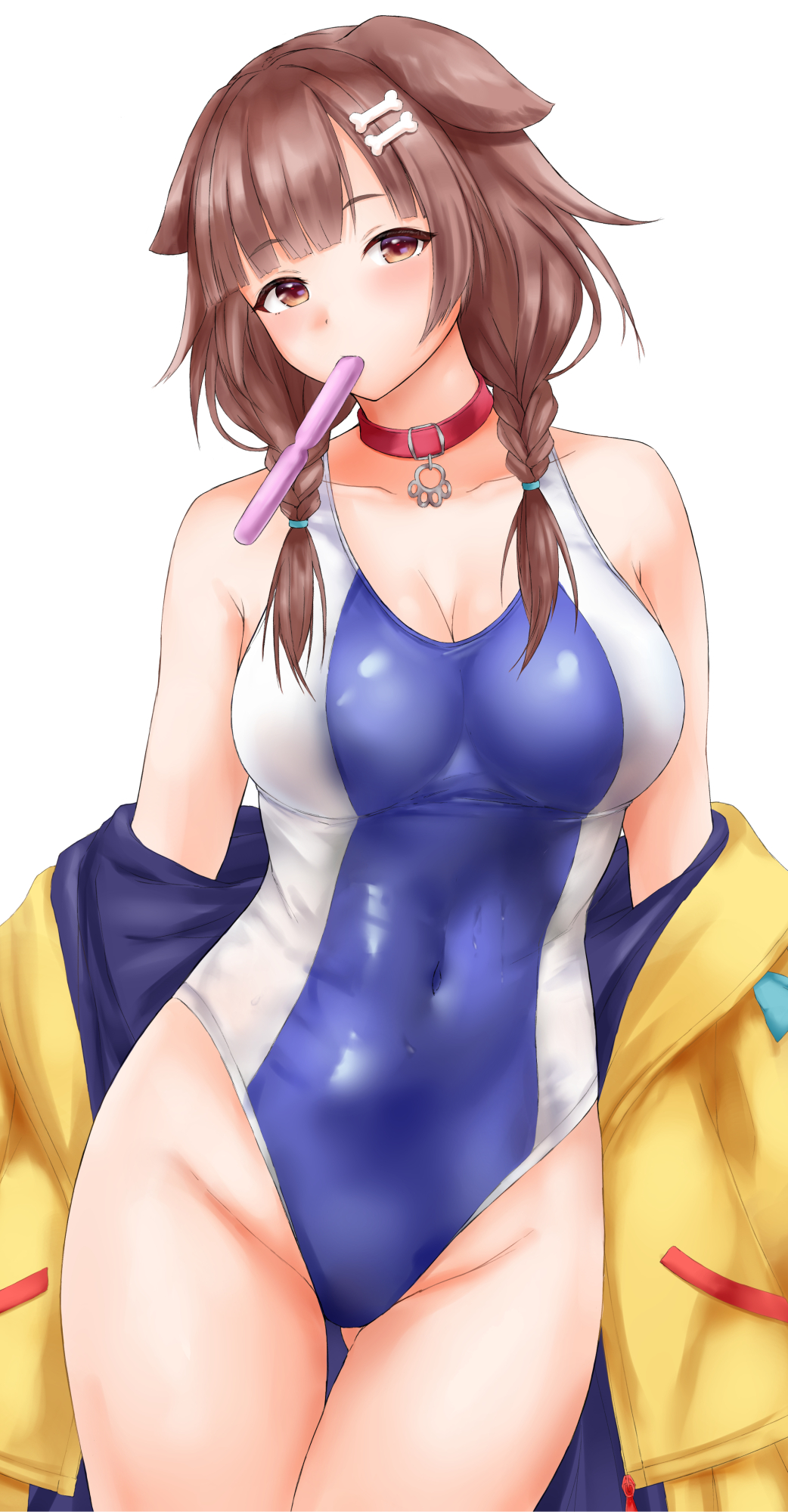 1girl, animal_collar, animal_ears, blue_one-piece_swimsuit, bone_hair_ornament, braid, breasts, brown_eyes, brown_hair, cartoon_bone, collar, competition_swimsuit, covered_navel, cowboy_shot, dog_ears, dog_girl, dog_tail, extra_ears, gluteal_fold, groin, hair_between_eyes, hair_ornament, highleg, highleg_one-piece_swimsuit, highres, hololive, inugami_korone, inugami_korone_(1st_costume), jacket, long_hair, low_twin_braids, medium_breasts, multicolored_swimsuit, one-piece_swimsuit, papico_(ice_cream), simple_background, solo, swimsuit, tail, tupet, twin_braids, utdkaz, virtual_youtuber, white_background, yellow_jacket