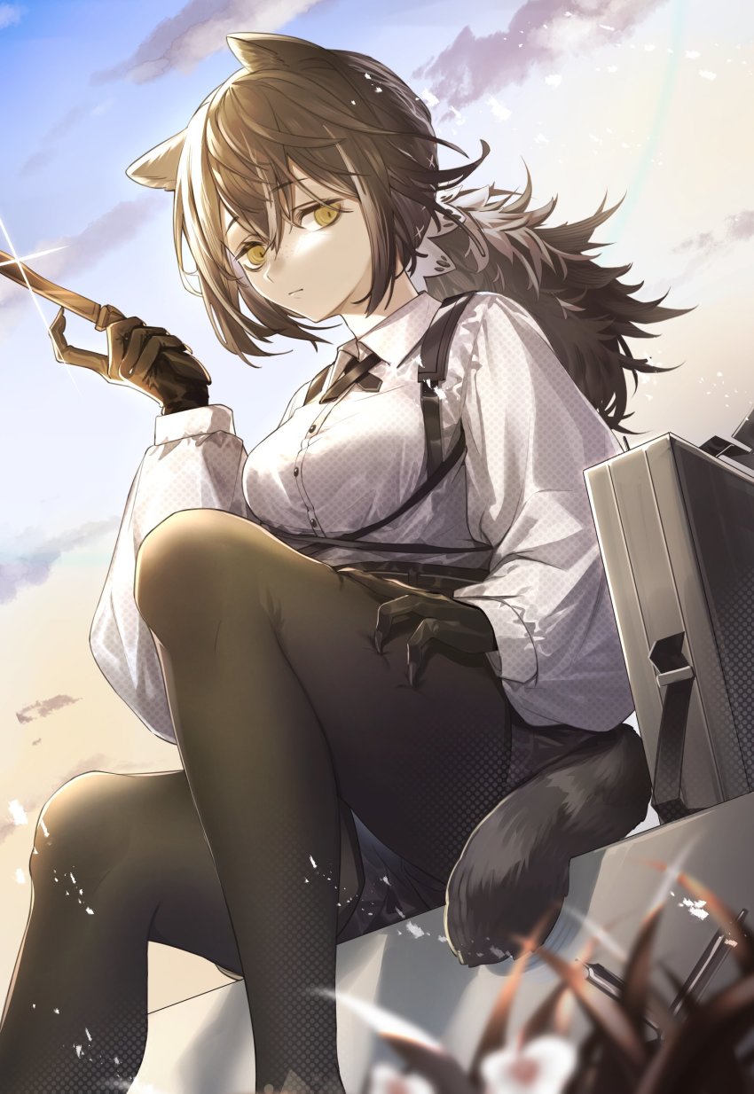 1girl, absurdres, animal_ears, animal_hands, arknights, black_necktie, black_pantyhose, blue_sky