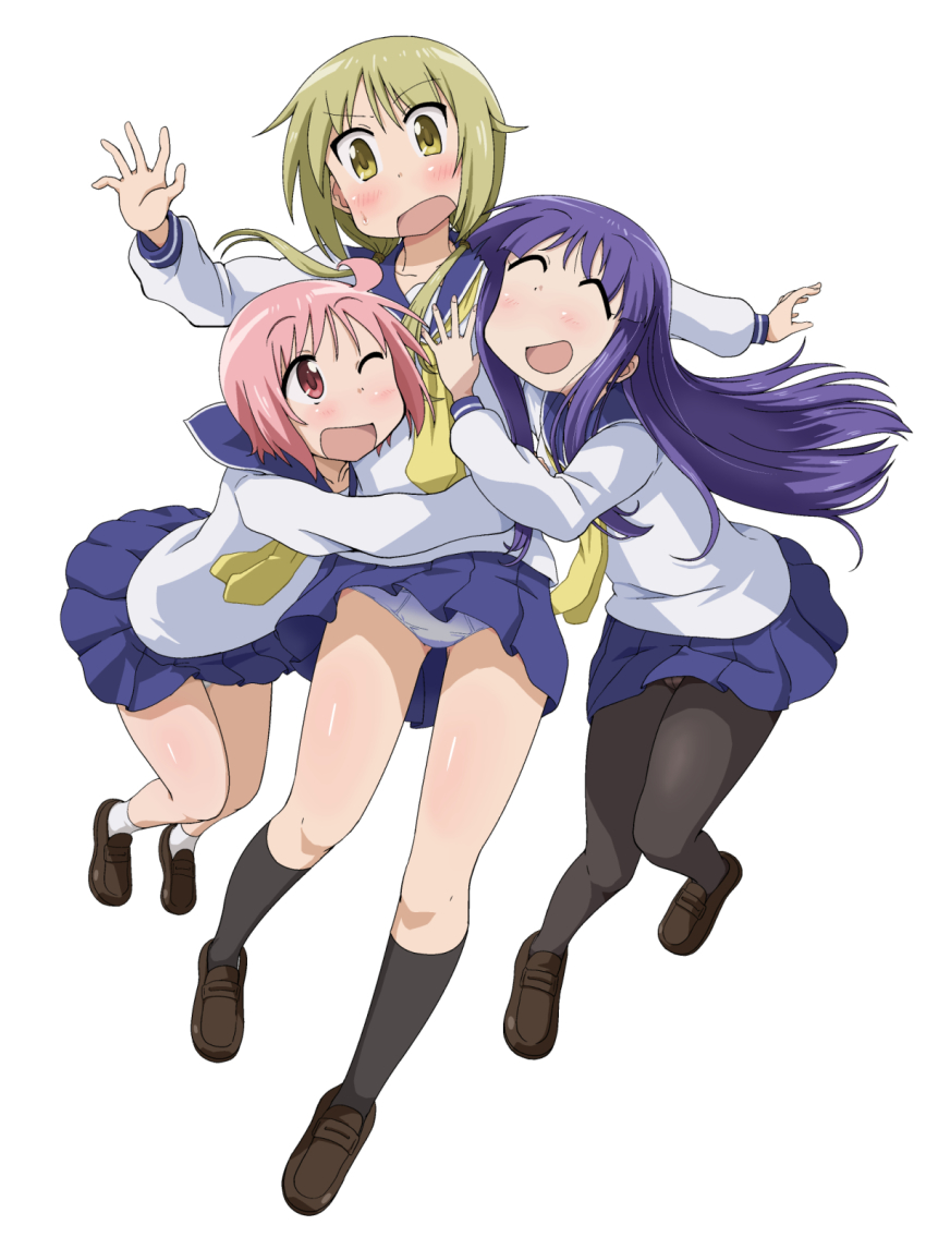 3girls, black_legwear, blonde_hair, blue_hair, blue_skirt, blush, closed_eyes, eyebrows_hidden_by_hair