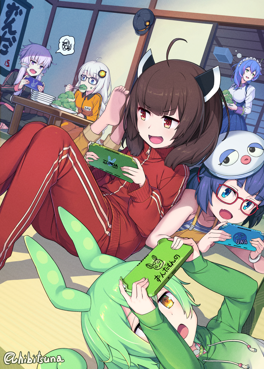 6+girls, ahoge, barefoot, black-framed_eyewear, black_headwear, blue_eyes, blue_hair, blue_skirt