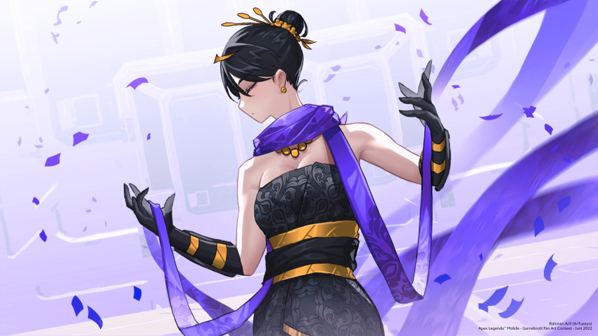 1girl, absurdres, alternate_costume, animification, apex_legends, arifuseyo, black_dress, black_gloves