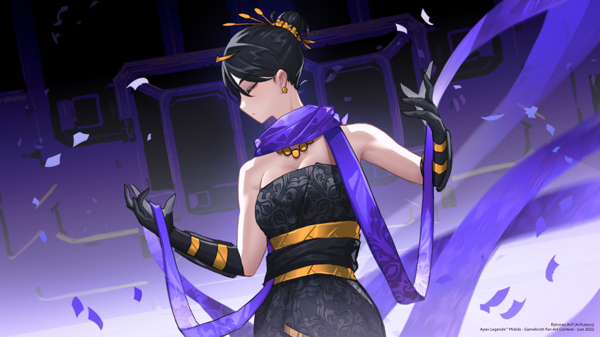 1girl, absurdres, alternate_costume, animification, apex_legends, arifuseyo, black_dress, black_gloves
