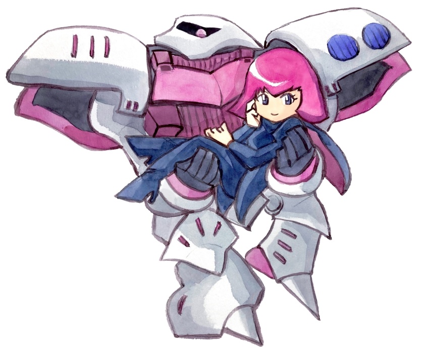 1girl, black_bodysuit, black_cape, black_eyes, blue_eyes, bodysuit, cape, carrying, gundam, haman_karn, highres, lifting_person, looking_at_viewer, mecha, mobile_suit, pink_hair, princess_carry, purple_eyes, qubeley, robot, smile, white_background, y06912080, zeta_gundam