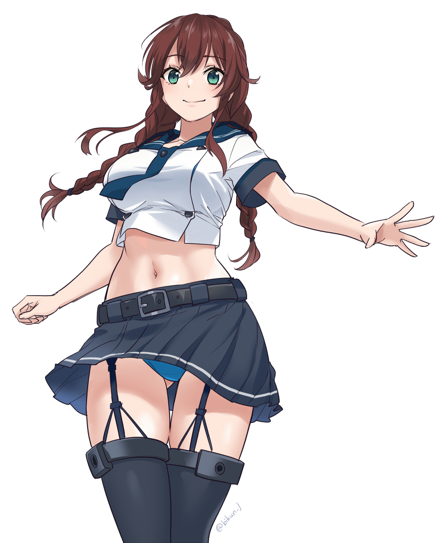 1girl, alternate_costume, belt, black_skirt, blue_eyes, blue_necktie, blue_panties, blue_sailor_collar