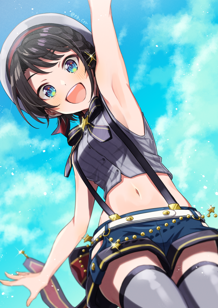 1girl, :d, arm_up, armpits, bare_arms, beret, black_bow, black_bowtie