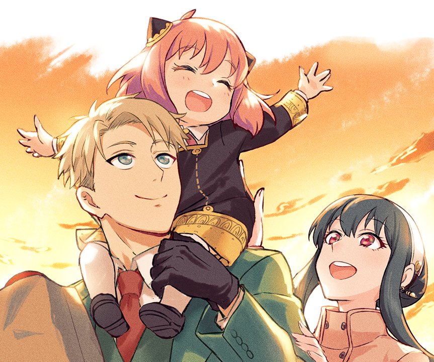 1boy, 2girls, ^_^, anya_(spy_x_family), bag, black_dress, black_gloves, black_hair