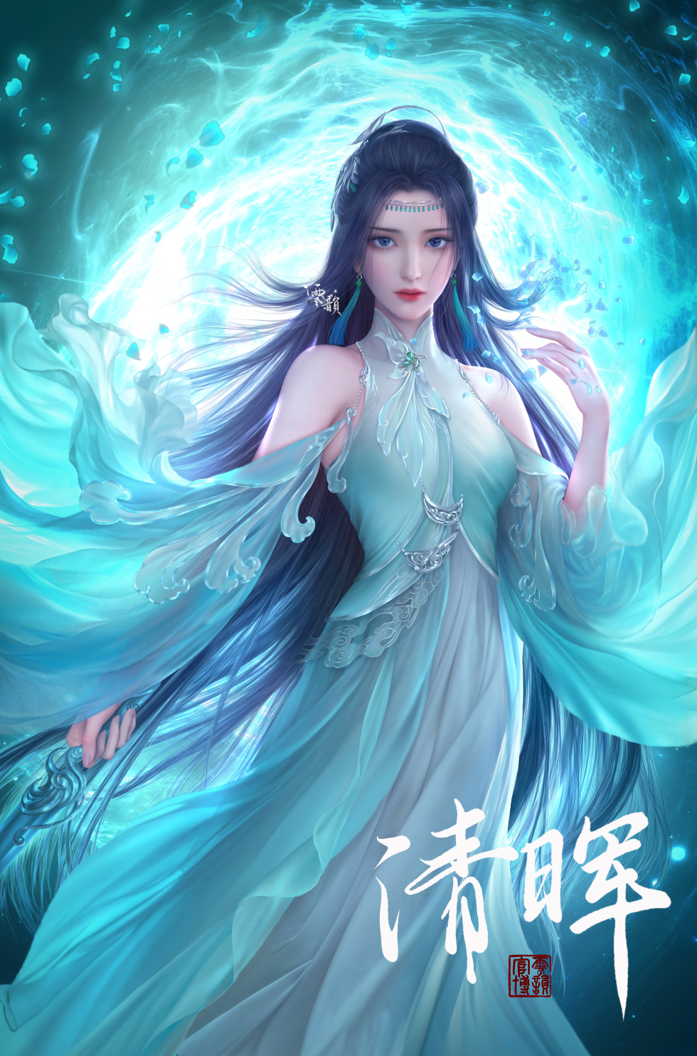 1girl, black_hair, blue_dress, collared_dress, dacong_jun, detached_sleeves, doupo_cangqiong, dress