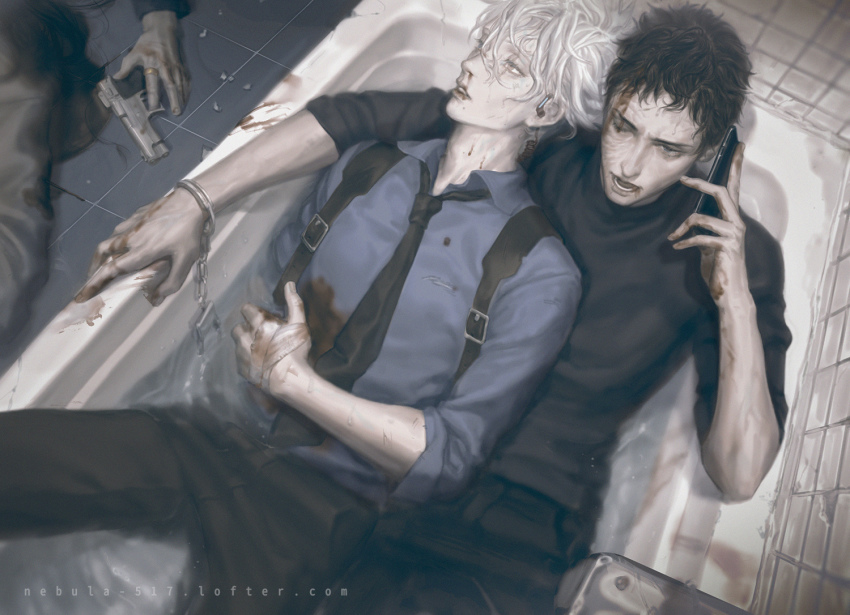 2boys, bandages, bathtub, black_hair, black_necktie, black_pants, bleeding, blood