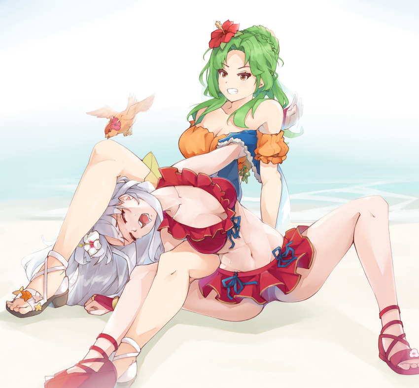 2girls, bare_shoulders, bikini, bikini_skirt, bird, blue_scarf, braid, breasts, brown_eyes, cleavage, clenched_teeth, closed_eyes, collarbone, crown_braid, domination, elincia_ridell_crimea, elincia_ridell_crimea_(summer), feet, femdom, fingerless_gloves, fire_emblem, fire_emblem:_path_of_radiance, fire_emblem:_radiant_dawn, fire_emblem_heroes, flower, front-tie_bikini_top, front-tie_top, gloves, green_hair, grey_hair, groin, hair_flower, hair_ornament, half_updo, highres, jaegan, legs, long_hair, medium_breasts, micaiah_(fire_emblem), micaiah_(wavecrest_maiden)_(fire_emblem), multiple_girls, navel, nintendo, off-shoulder_bikini, off_shoulder, open_mouth, orange_bikini, red_bikini, red_gloves, sandals, scarf, submission_hold, swimsuit, teeth, towel, wrestling, yune_(fire_emblem)