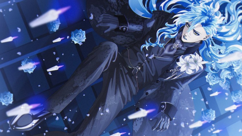 1boy, black_footwear, black_gloves, black_pants, black_suit, blue_eyeshadow, blue_flower, blue_hair