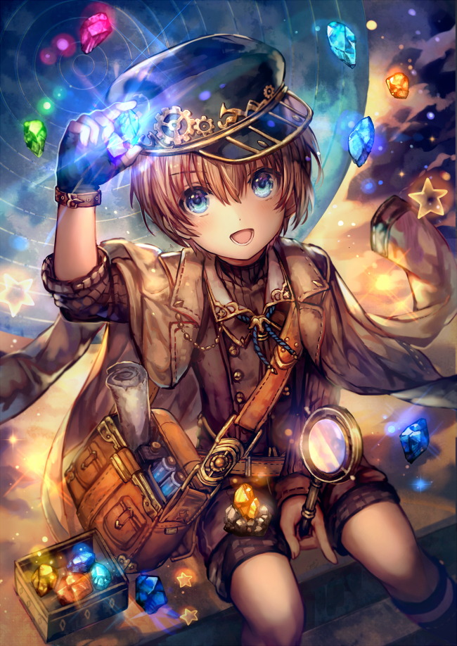 1boy, bishounen, black_hat, blue_eyes, brown_hair, newsboy_cap, facing_viewer, gear_hat_ornament