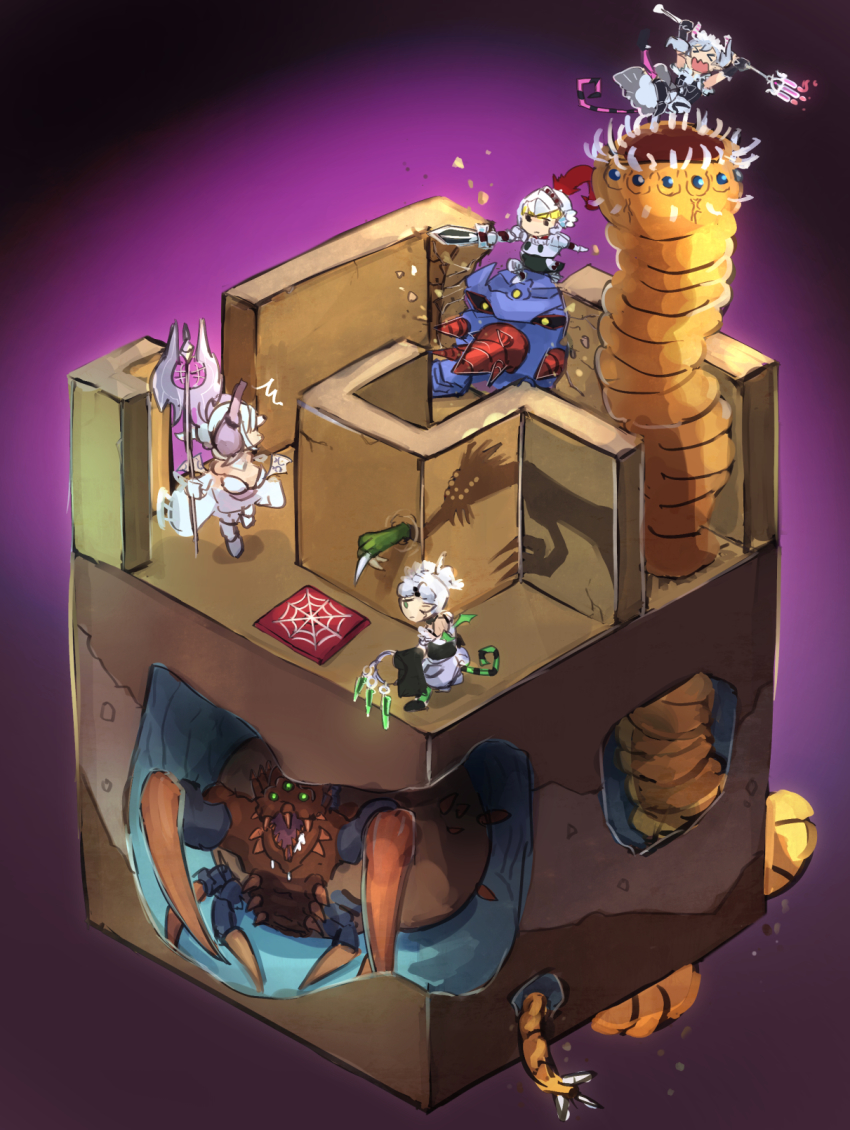 >_<, 4girls, arianna_the_labrynth_servant, bug, chibi, cross-section, crossed_arms, demon_girl, demon_tail, demon_wings, diorama, dress, duel_monster, dungeon_worm, hatano_kiyoshi, helmet, highres, holding, holding_sword, holding_weapon, jirai_gumo, knight_(yu-gi-oh!), labyrinth_tank, labyrinth_wall_(yu-gi-oh!), lovely_labrynth_of_the_silver_castle, monster, multiple_girls, name_connection, open_mouth, shadow, spider, sword, tail, trait_connection, wall_shadow_(yu-gi-oh!), weapon, white_hair, wings, yu-gi-oh!