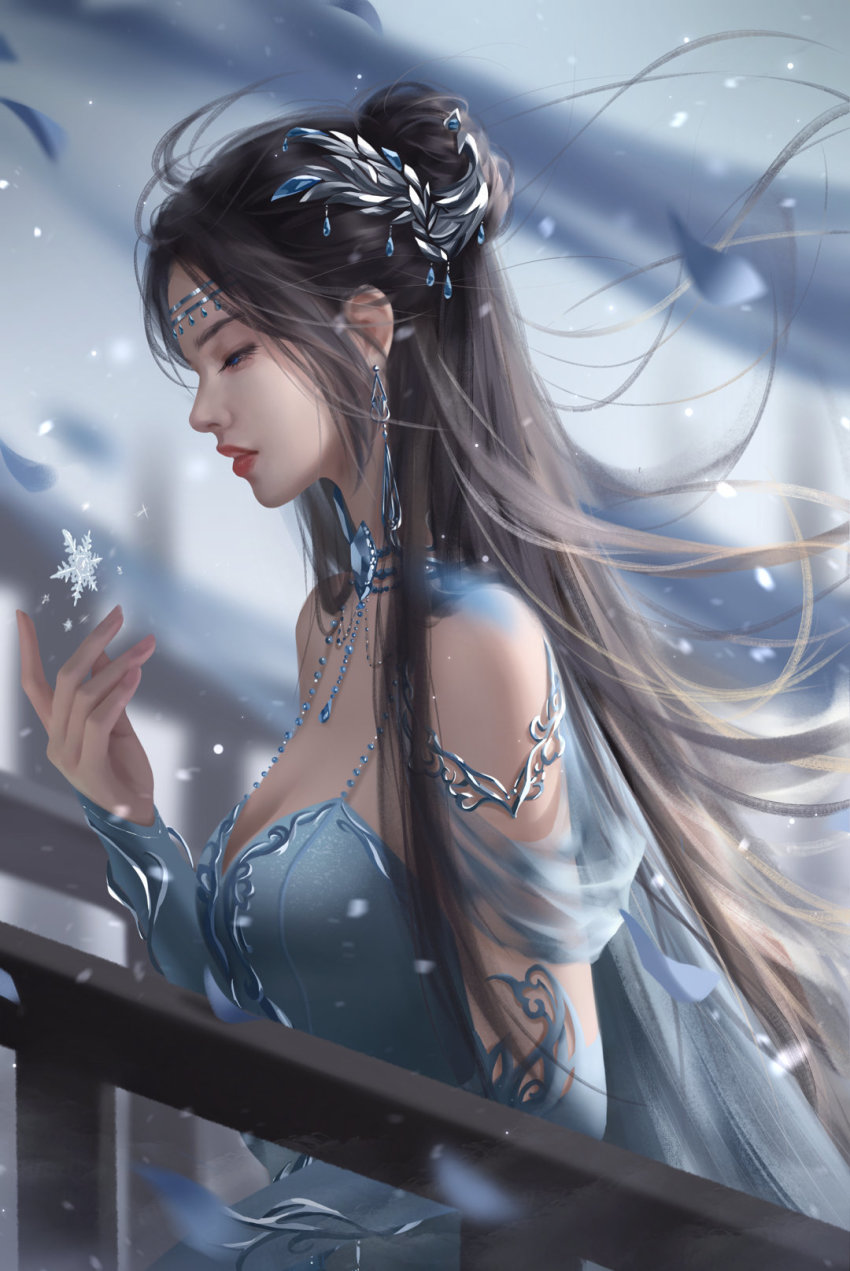 bad_link, bad_weibo_link, beads, blue_dress, detached_sleeves, doupo_cangqiong, dress, earrings, hair_bun, hair_ornament, highres, huahua_de_lao_fei, jewelry, long_hair, looking_down, necklace, second-party_source, snow, snowflakes, squinting, strapless, strapless_dress, yun_yun_(doupo_cangqiong)