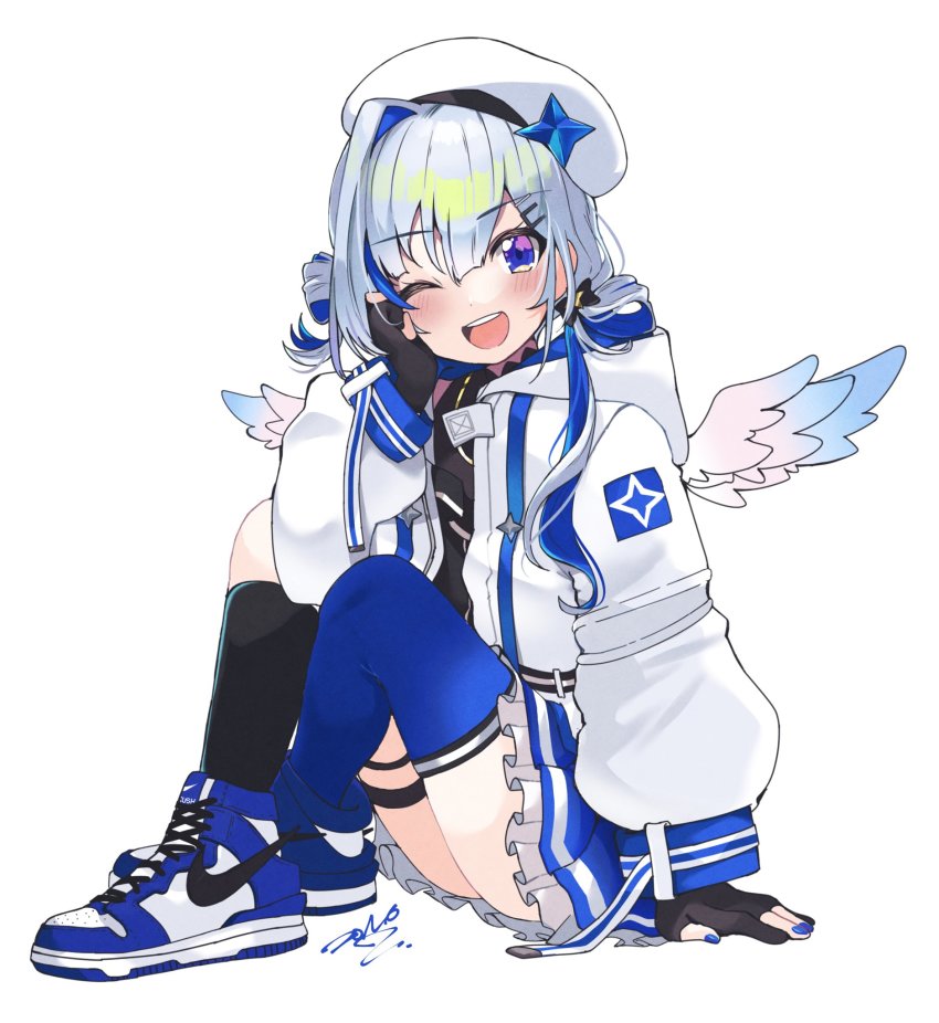 1girl, amane_kanata, amane_kanata_(work), asymmetrical_legwear, beret, black_gloves, black_socks, blue_eyes