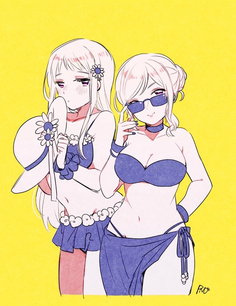 2girls, adjusting_eyewear, axis_powers_hetalia, bikini, bikini_skirt, blonde_hair, breasts, choker, cleavage, closed_mouth, dkdmis, dot_mouth, drawstring, flower, france_(female)_(hetalia), france_(hetalia), frilled_bikini, frilled_swimsuit, frills, genderswap, genderswap_(mtf), hair_bun, hair_flower, hair_ornament, hat, large_breasts, long_hair, looking_at_viewer, multiple_girls, parted_lips, pelvic_curtain, purple_bikini, russia_(female)_(hetalia), russia_(hetalia), smile, sun_hat, sunflower, sunflower_hair_ornament, sunglasses, swimsuit, yellow_background