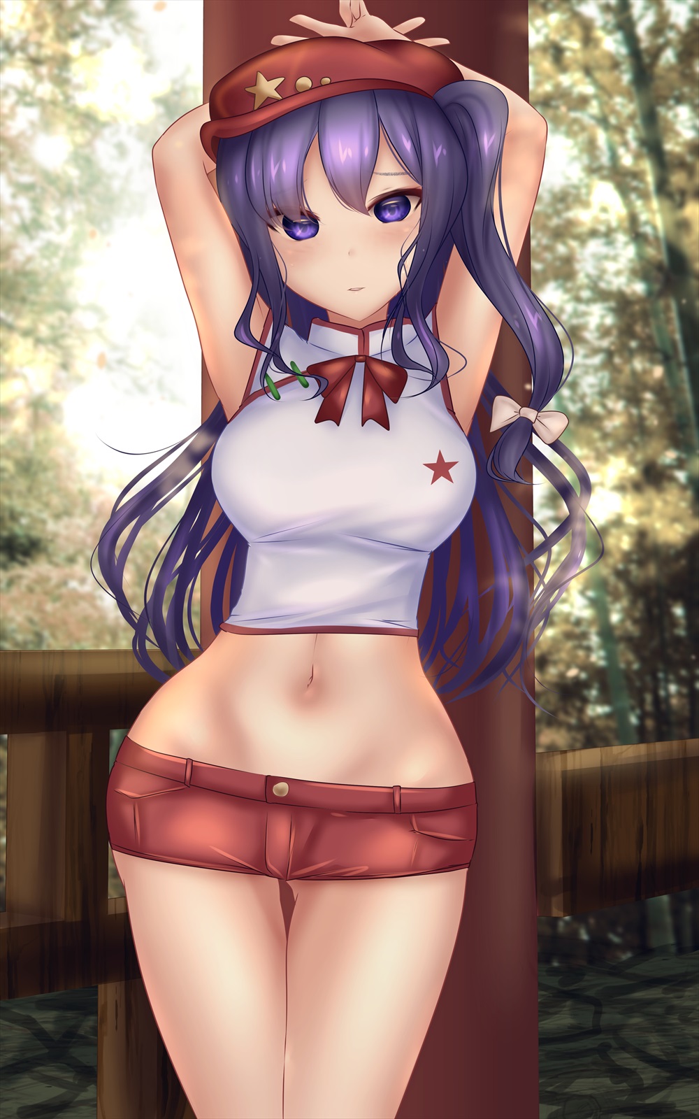 1girl, armpits, arms_behind_head, bow, bowtie, breasts, newsboy_cap, closed_mouth