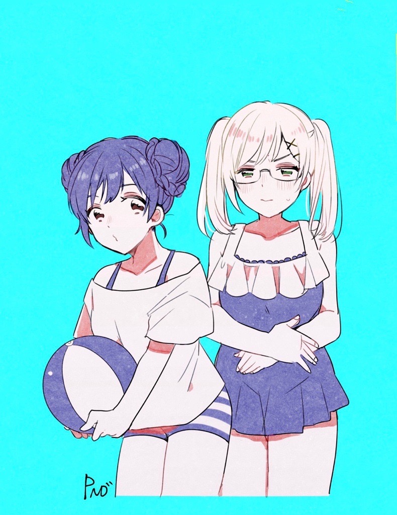 2girls, aqua_background, axis_powers_hetalia, black_eyes, black_hair, blue_one-piece_swimsuit, breasts, china_(female)_(hetalia)