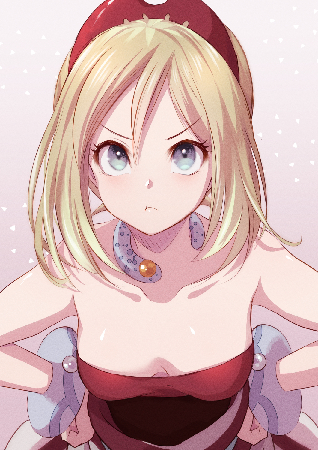 1girl, :t, bare_shoulders, blonde_hair, blue_eyes, breasts, commentary, grey_background, hair_between_eyes, hairband, hands_on_own_hips, highres, irida_(pokemon), looking_at_viewer, medium_breasts, nintendo, pokemon, pokemon_legends:_arceus, pout, red_hairband, red_shirt, shirt, short_hair, simple_background, solo, strapless, strapless_shirt, tiara, upper_body, yue_(lov_n_n)
