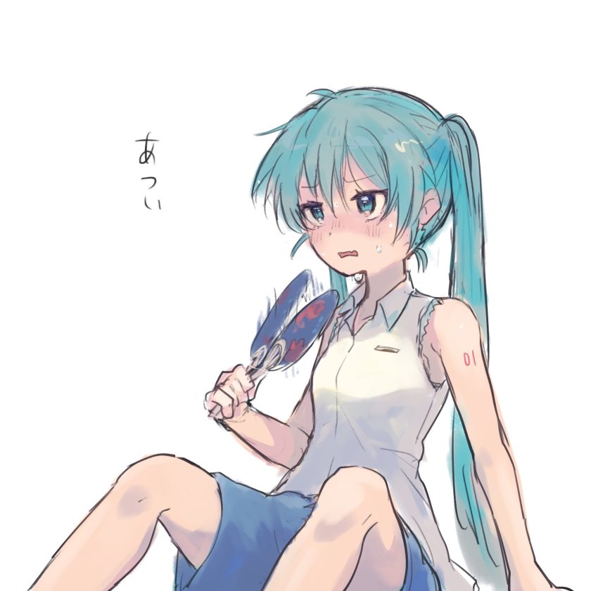 1girl, afterimage, ahoge, aqua_eyes, aqua_hair, arm_support, bare_arms, blue_shorts, blush, commentary, fanning_self, feet_out_of_frame, furrowed_brow, hatsune_miku, highres, long_hair, motion_lines, n03+, open_mouth, shirt, shorts, shoulder_tattoo, simple_background, sitting, sketch, sleeveless, sleeveless_shirt, solo, sweat, tattoo, translated, twintails, very_long_hair, vocaloid, wavy_mouth, white_background, white_shirt