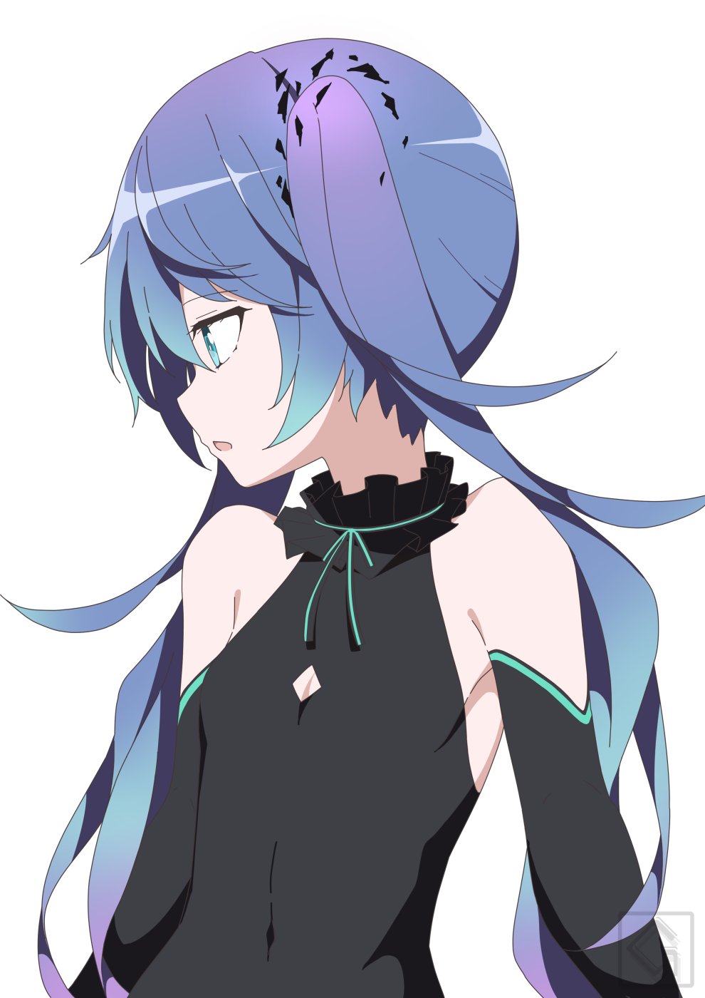 1girl, aqua_eyes, armpit_crease, bare_shoulders, black_dress, black_sleeves, blue_hair, cleavage_cutout