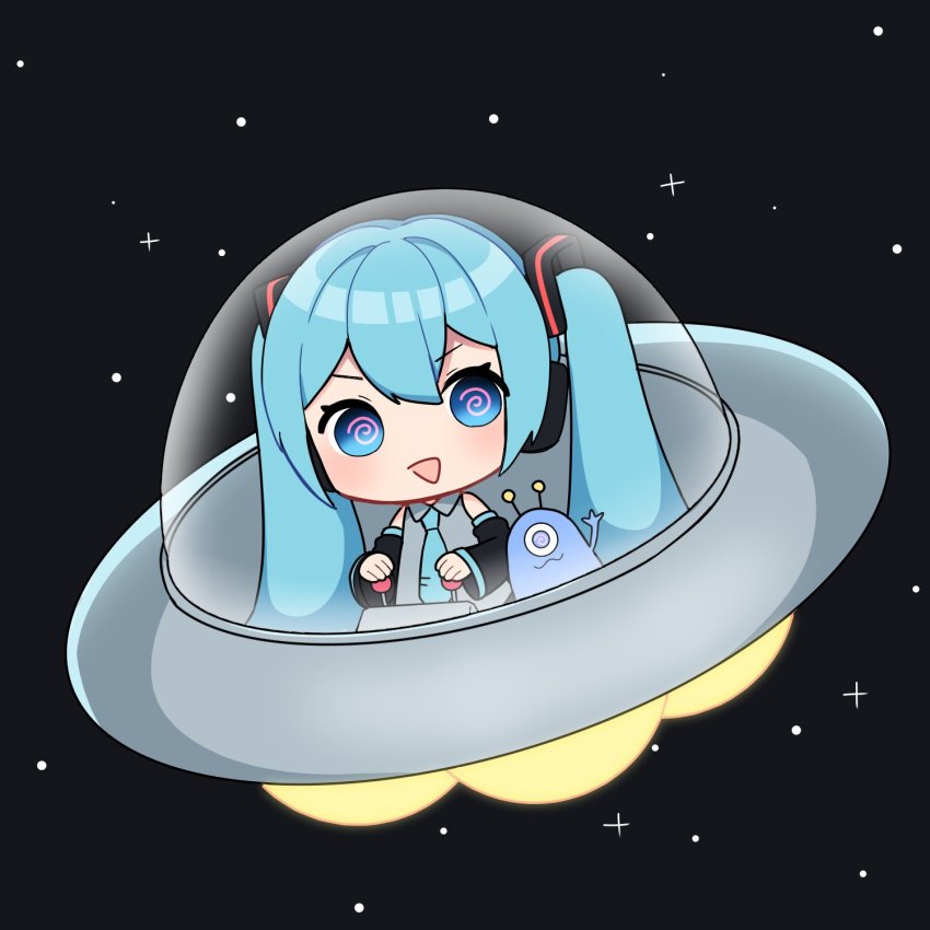 1girl, 1other, @_@, alien, aqua_eyes, aqua_hair, aqua_necktie, bare_shoulders