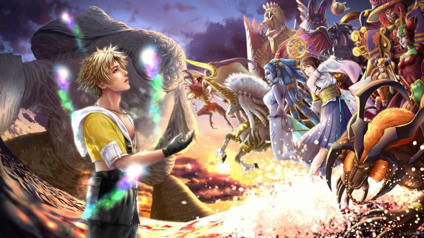 anima_(final_fantasy), bahamut_(final_fantasy), bead_necklace, beads, blonde_hair, blue_hair, blue_skin, brown_hair