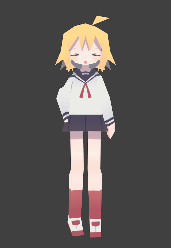 1girl, 3d, ahoge, animated, animated_gif, black_sailor_collar, black_skirt, blonde_hair, blush, closed_eyes, daizu_(melon-lemon), full_body, grey_background, hand_on_own_hip, long_sleeves, low_poly, miniskirt, multiple_views, neckerchief, null-meta, open_mouth, pleated_skirt, red_neckerchief, red_socks, sailor_collar, sailor_shirt, school_uniform, serafuku, shirt, shoes, short_hair, simple_background, skirt, smile, socks, standing, turnaround, uozumi_kurumi, uwabaki, white_shirt, white_shoes