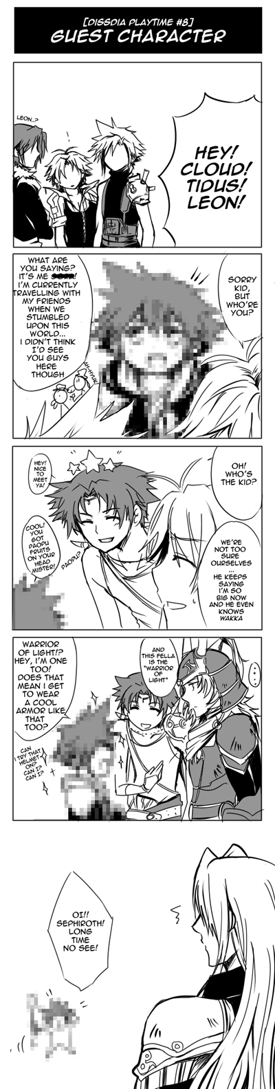 00s, 1990s_(style), 4koma, 5koma, 6+boys, ^^^, alternate_costume, bartz_klauser, censored, censored_identity, cloud_strife, comic, crossover, disney, donald_duck, english_text, final_fantasy, final_fantasy_i, final_fantasy_v, final_fantasy_vii, final_fantasy_viii, final_fantasy_x, goofy, greyscale, hard-translated, highres, in-franchise_crossover, keyblade, kingdom_hearts, kingdom_hearts_ii, leon_(kingdom_hearts), long_image, male_focus, meru, mickey_mouse_&amp;_friends, monochrome, multiple_boys, retro_artstyle, sephiroth, sora_(kingdom_hearts), sparkle, squall_leonhart, star_(symbol), tall_image, third-party_edit, tidus, translated, warrior_of_light_(ff1)