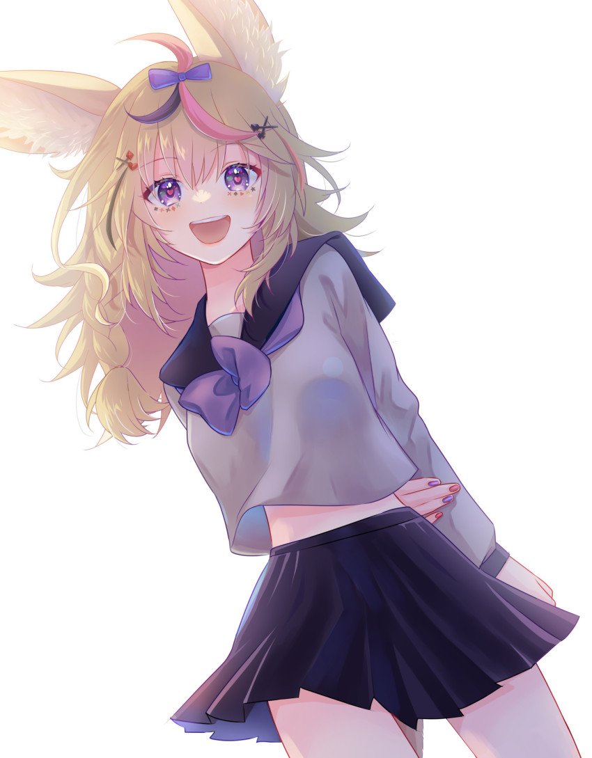 1girl, :d, ahoge, alternate_costume, animal_ears, black_hair, black_skirt, blonde_hair
