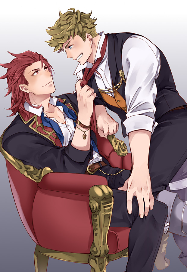 2boys, belt, black_jacket, black_pants, blonde_hair, bracelet, brown_belt, closed_mouth