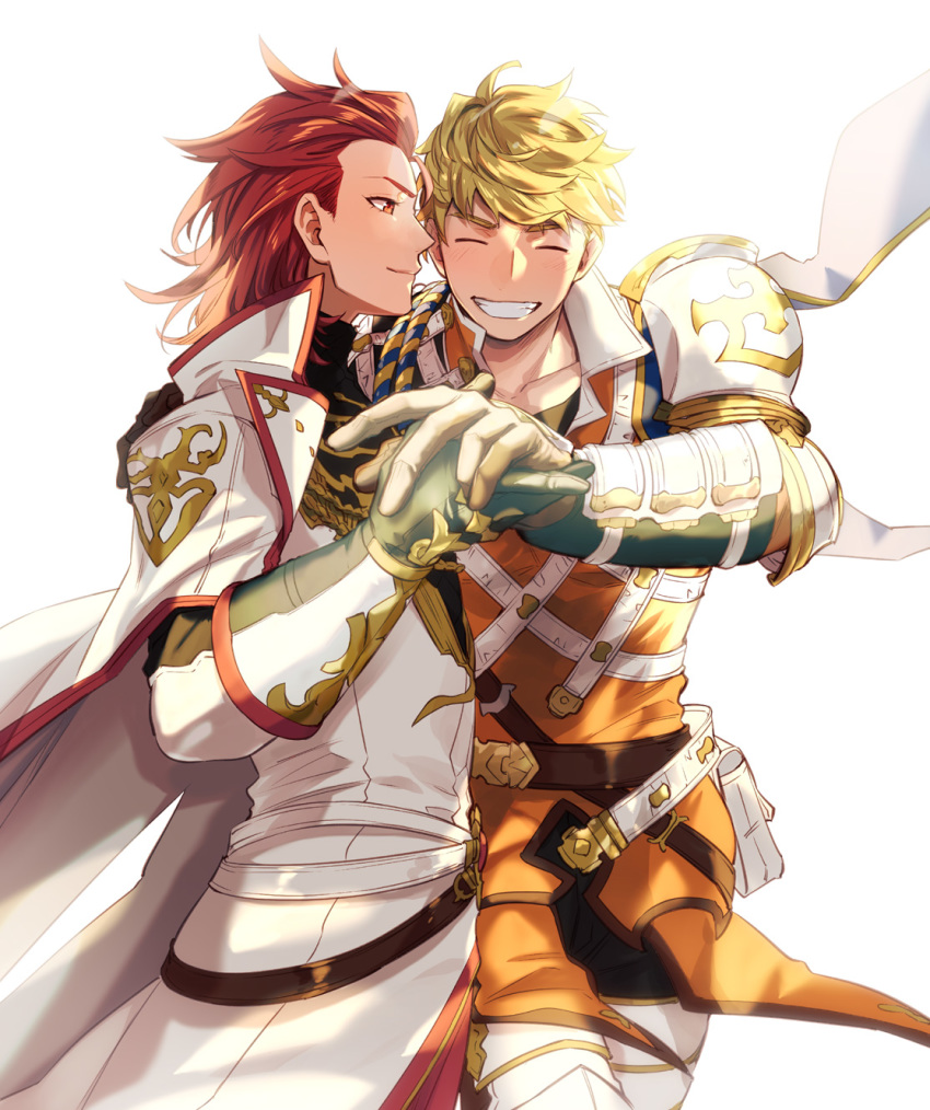 2boys, black_gloves, blonde_hair, blush, cape, closed_mouth, coat, couple