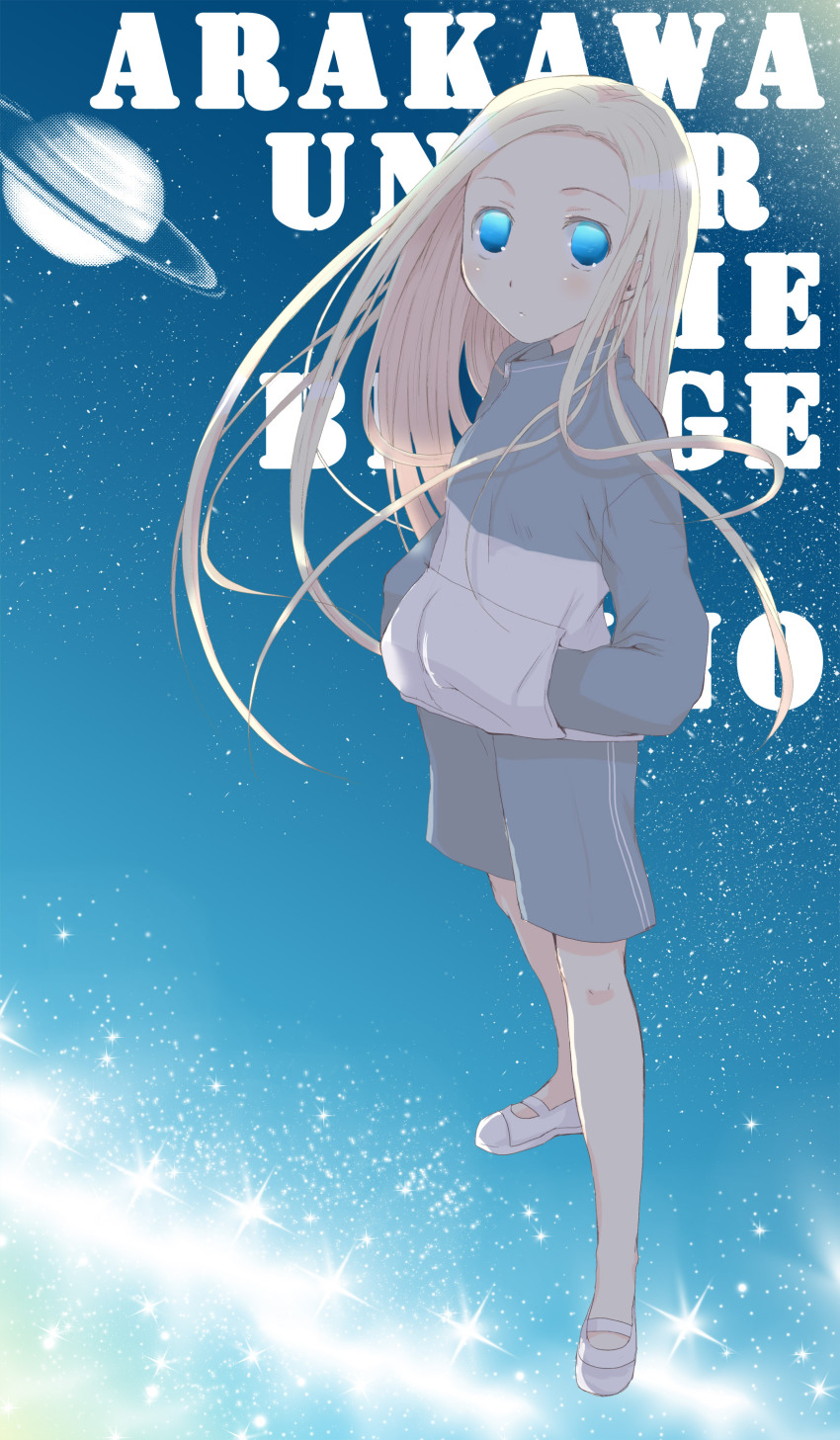 absurdres, arakawa_under_the_bridge, blonde_hair, blue_eyes, hand_in_pocket, highres, jacket, kayune_niu