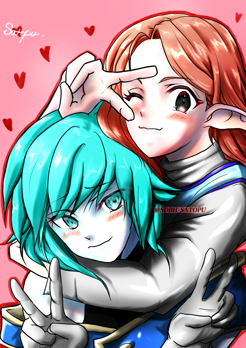 2girls, absurdres, aeos, arm_up, bare_shoulders, blue_eyes, blue_hair, blue_skin