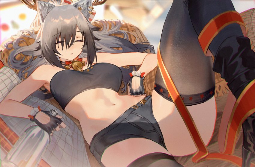 1girl, animal_ears, antlers, aochoku, arknights, bandeau, bare_shoulders, bell, black_gloves, black_hair, black_shorts, black_thighhighs, blurry, blurry_background, boots, bottle, breasts, choker, closed_eyes, ear_piercing, feet_out_of_frame, fingerless_gloves, gloves, gradient_hair, hair_spread_out, highres, holding, holding_bottle, horns, knee_up, long_hair, lying, medium_breasts, midriff, multicolored_hair, navel, neck_bell, on_back, parted_lips, piercing, ponytail, schwarz_(arknights), schwarz_(presents)_(arknights), short_shorts, shorts, sleeping, solo, streamers, thighhighs