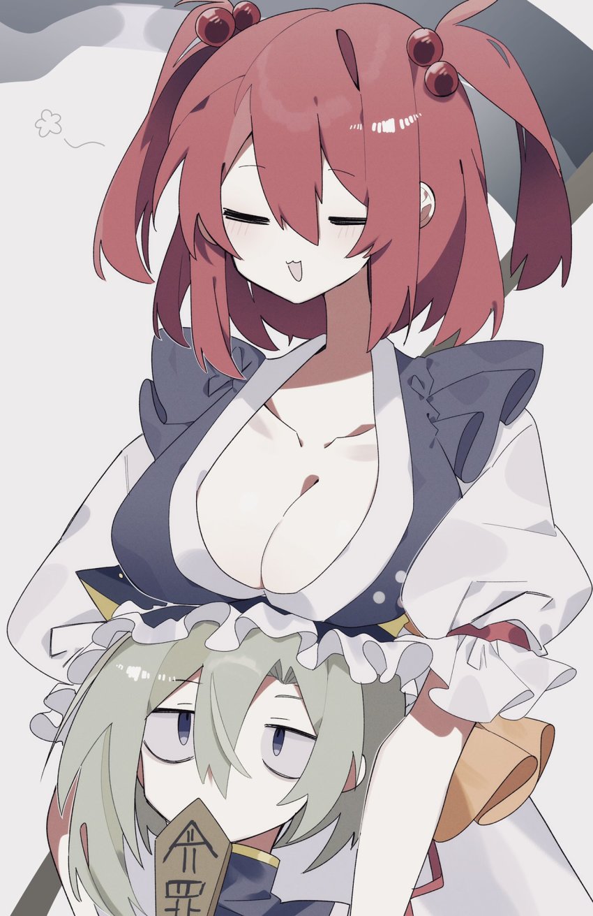 2girls, :3, :d, asymmetrical_hair, breasts, cleavage, closed_eyes, green_eyes