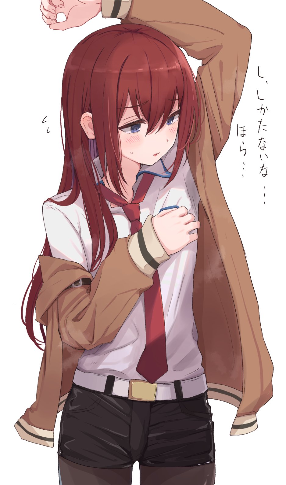 1girl, arm_up, belt, black_pantyhose, black_shorts, blue_eyes, brown_hair, brown_jacket