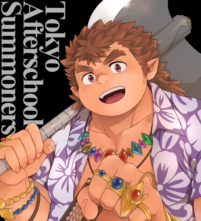 1boy, abacus, andvari_(housamo), axe, black_background, bracelet, brown_eyes, brown_hair