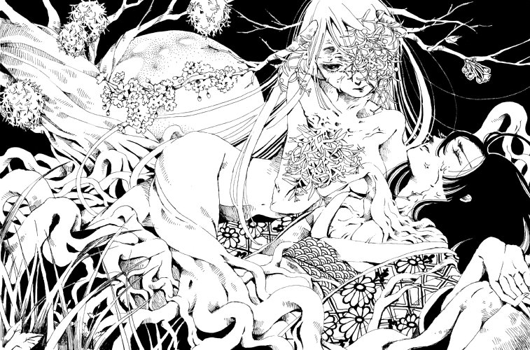 2girls, branch, breasts, cherry_blossoms, cleavage, dryad, closed_eyes, grass, greyscale, japanese_clothes, large_breasts, long_hair, lying, monochrome, monster_girl, mukaida_kaoru, multiple_girls, original, plant_girl, tree