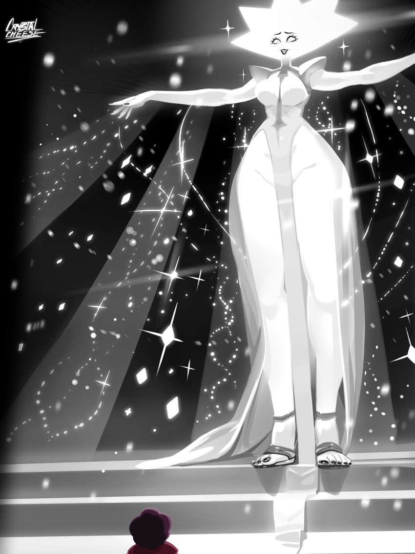 1boy, 1girl, absurdres, arms_up, black_lips, black_nails, black_toenails, brown_hair, covered_navel, crystalcheese_(artist), eyelashes, eyeshadow, full_body, giant, giantess, grandmother_and_grandson, groin, highres, lipstick, makeup, monochrome, nail_polish, pelvic_curtain, sandals, smile, solo_focus, sparkle, stairs, standing, steven_quartz_universe, steven_universe, thick_thighs, thighs, white_diamond_(steven_universe), white_hair