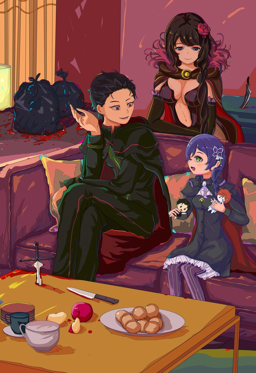 1boy, 2girls, apple, black_hair, blood, bloody_floor, bloody_weapon, blue_hair