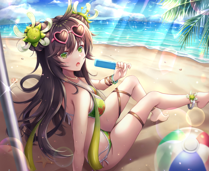 1girl, anklet, ball, beach, beach_umbrella, beachball, bikini, brown_hair