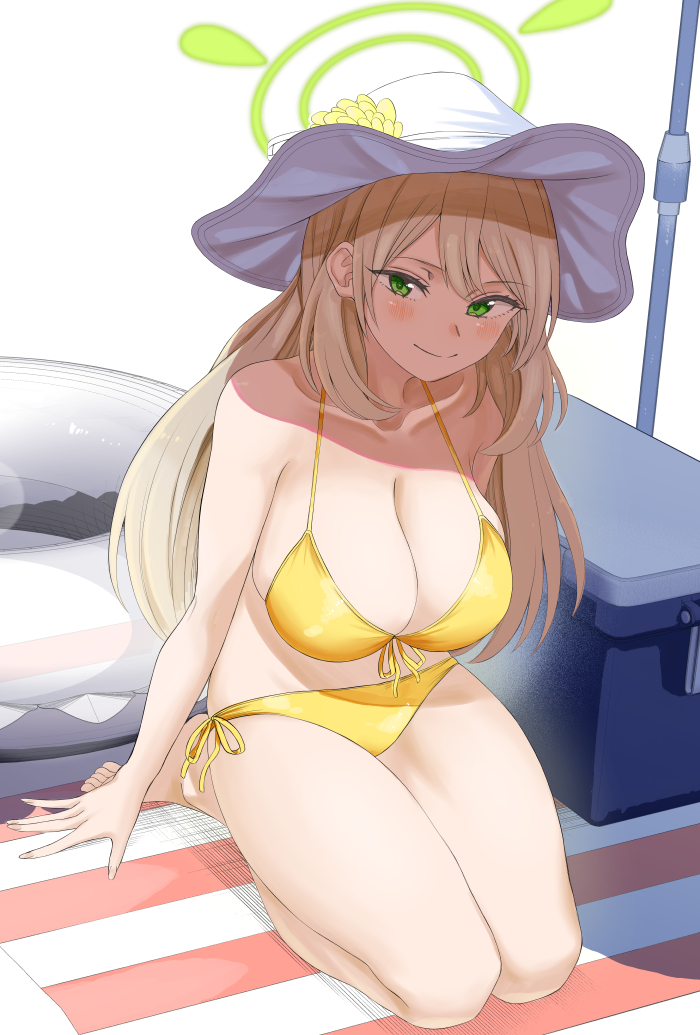 1girl, beach_umbrella, bikini, blonde_hair, blue_archive, blush, breasts, cleavage, commentary_request, cooler, green_eyes, hair_between_eyes, halo, hat, innertube, large_breasts, long_hair, looking_at_viewer, naughty_face, nonomi_(blue_archive), nonomi_(swimsuit)_(blue_archive), side-tie_bikini_bottom, simple_background, sitting, smile, solo, sun_hat, swim_ring, swimsuit, umbrella, white_background, white_hat, yellow_bikini, youtike
