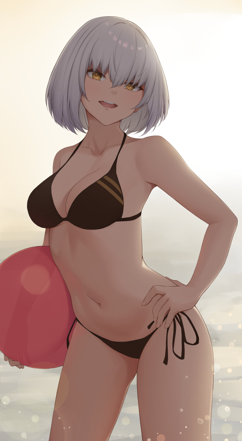1girl, absurdres, adachi_t_(xadachit), ball, beachball, bikini, black_bikini, bob_cut