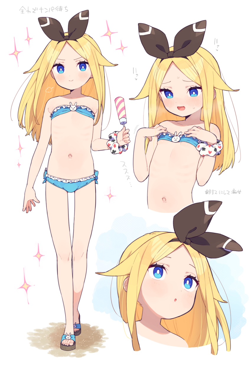 1girl, alice_(moyori), bare_arms, bare_legs, bare_shoulders, bikini, black_ribbon, blonde_hair, blue_bikini, blue_eyes, flat_chest, hair_ribbon, highres, long_hair, looking_at_viewer, moyori, multiple_views, navel, original, rabbit, ribbon, sandals, scrunchie, simple_background, stomach, swimsuit, thigh_gap, thighhighs, white_background, wrist_scrunchie