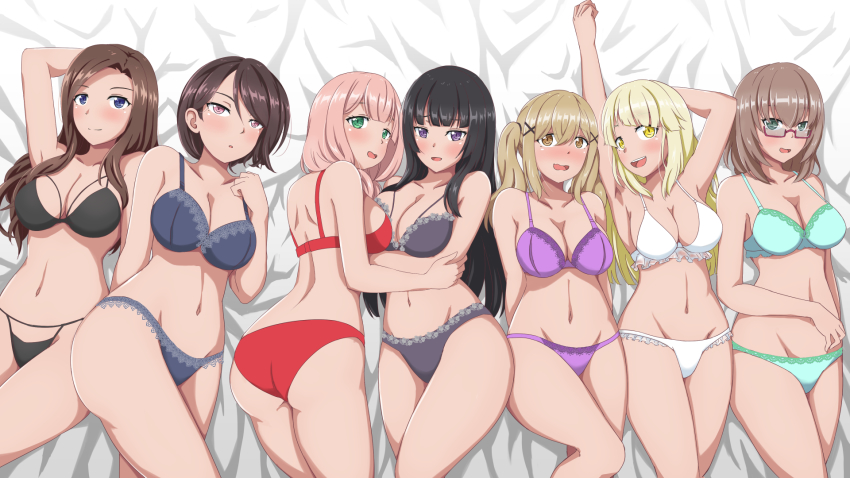 6+girls, arm_behind_back, arm_behind_head, arm_up, arms_behind_back, ass, bang_dream!, bang_dream!_girls_band_party!, bare_shoulders, black_bra, black_hair, black_panties, blonde_hair, blue_bra, blue_eyes, blue_panties, blush, bra, breasts, brown_eyes, brown_hair, cleavage, closed_mouth, feet_out_of_frame, glasses, green_bra, green_eyes, green_panties, hair_ornament, highres, ichigaya_arisa, large_breasts, leo_j_low, lingerie, long_hair, looking_at_viewer, looking_over_eyewear, low_twintails, lying, multiple_girls, navel, on_back, open_mouth, panties, parted_lips, pink_bra, pink_eyes, pink_hair, pink_panties, purple_eyes, red_bra, red_panties, shirokane_rinko, short_hair, smile, trait_connection, tsurumaki_kokoro, twintails, uehara_himari, underwear, wakana_rei, white_bra, white_panties, x_hair_ornament, yamato_maya, yashio_rui, yellow_eyes