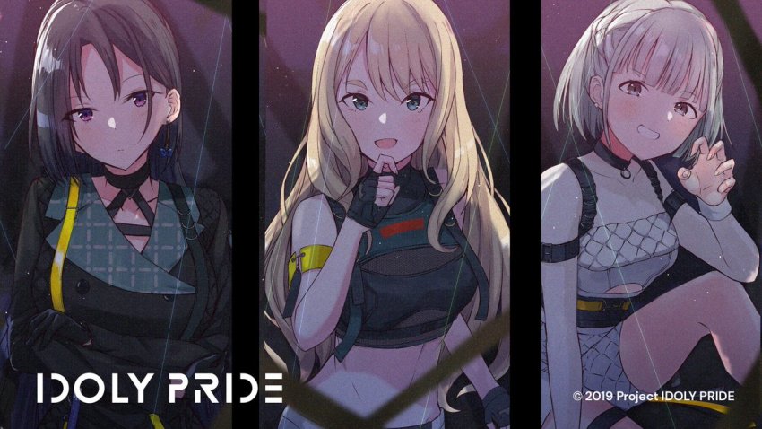 3girls, blonde_hair, earrings, fran_(idoly_pride), grey_hair, guest_art, hanetsuka, idoly_pride
