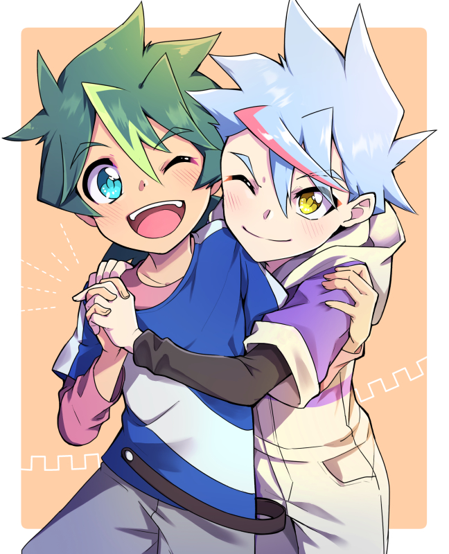2boys, blue_hair, character_request, child, commentary_request, cowboy_shot, green_hair, hand_on_another's_shoulder, holding, holding_hands, looking_at_viewer, male_focus, moyurusun, multicolored_hair, multiple_boys, one_eye_closed, pink_background, pink_hair, shinkalion_(series), shinkansen_henkei_robo_shinkalion, simple_background, smile, streaked_hair, teeth, usui_abuto, yellow_eyes