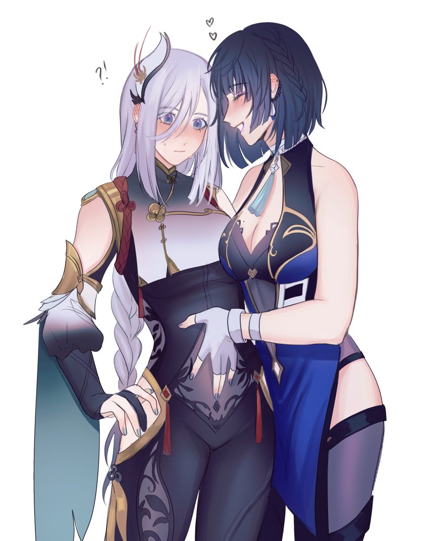 !?, 2girls, absurdres, bare_shoulders, black_bodysuit, blue_eyes, blue_hair, blush, bob_cut, bodysuit, braid, single_breast_curtain, breasts, bridal_gauntlets, cleavage, closed_eyes, closed_mouth, clothing_cutout, covered_navel, diagonal_bangs, dice, elbow_gloves, fingerless_gloves, genshin_impact, gloves, hair_ornament, hand_on_another's_stomach, heart, highres, hip_vent, jewelry, large_breasts, leo_(ghouleo), long_hair, low-braided_long_hair, low-tied_long_hair, mole, mole_on_breast, multiple_girls, nail_polish, neck_tassel, partially_fingerless_gloves, shenhe_(genshin_impact), short_hair, shoulder_cutout, sidelocks, simple_background, standing, tassel, tassel_choker, teeth, thighhighs, waist_cutout, white_background, yelan_(genshin_impact), yuri
